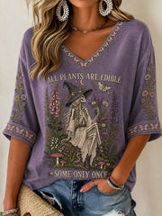 Women's "All Plants Are Edible Some Only Once" Halloween Witch Floral Print Casual T-shirt