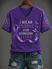 Women's Purple Art Printed V-neck T-shirt