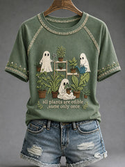 Women's "All Plants Are Edible Some Only Once" Halloween Ghost Floral Print Casual T-shirt