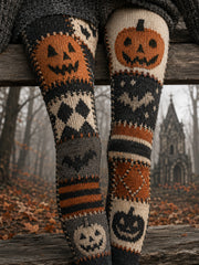 Women's Halloween Pumpkin Face Patchwork Print Leggings
