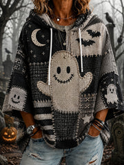 Women's Halloween Cute Ghost Patchwork Print Casual 3/4 Sleeve Hoodie