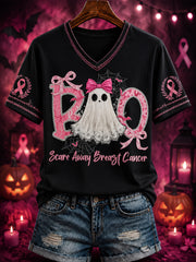 Women's “Scare Away Breast Cancer” Printed V-neck T-shirt
