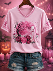 Women's Halloween Breast Cancer Pink Flowers Printed V-neck T-shirt