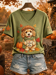 Women's Jesus Loves Dog Fall Leaves Print Short-sleeved T-shirt