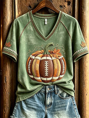 Women's Football Inspired Fall Pumpkin Print short-sleeved T-shirt
