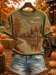 Women's Fall Landscape Reflection Print Cozy Short-sleeved T-shirt