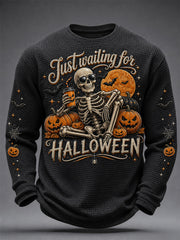 Men's Just Waiting For Halloween Print Casual Waffle Long Sleeve Top