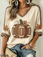 Women's Autumn Pumpkin Pattern Casual Mid-length Sleeves V-Neck T-Shirt