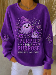 Women's Purple Floral & Cute Ghost Print Alzheimer's Awareness Support Sweatshirt