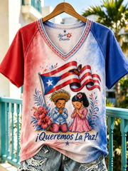 Women's Puerto Rico Printed V-neck off-shoulder short-sleeved T-shirt