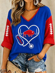 Women's Football Lover Buffalo Print Casual V-Neck Tee