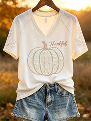 Women's Thankful White Thanksgiving Pumpkin Fall Leaves Print short-sleeved T-shirt