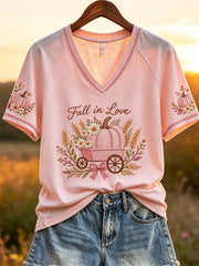 Women's Fall In Love Pink Thanksgiving Pumpkin Floral Print short-sleeved T-shirt