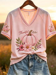 Women's Thankful Pink Thanksgiving Pumpkin Floral Print short-sleeved T-shirt