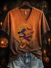 Women's Halloween Witch Cat Pattern Printed Casual Short Sleeve T-shirt