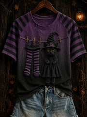 Women's Halloween theme witch cat pattern clash color design casual short-sleeve T-shirt