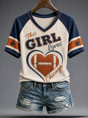 Women's Chicago Football Lover Bear Art Printed T-shirt