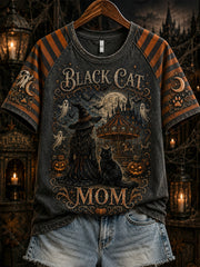 Women's Halloween Witch And Cat Pattern Printed Casual Short Sleeve T-shirt