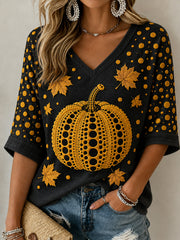 Women's Autumn Halloween Pumpkin Art Print Mid-length Sleeves V-Neck T-Shirt