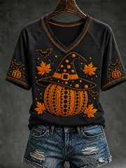 Women's Autumn Halloween Pumpkin Art Print Short Sleeve T-shirt