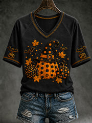 Women's Autumn Halloween Pumpkin Art Print Short Sleeve T-shirt