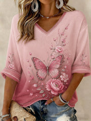 Women's Breast Cancer Flowers Printed Mid-length Sleeves V-neck T-shirt