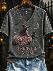 Women's Halloween Pink Witch Frenchie Mom Print short-sleeved T-shirt