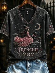 Women's Halloween Pink Witch Frenchie Mom Print short-sleeved T-shirt