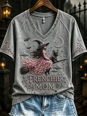 Women's Halloween Pink Witch Frenchie Mom Print short-sleeved T-shirt