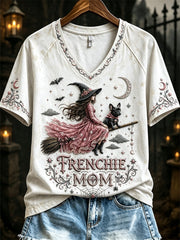 Women's Halloween Pink Witch Frenchie Mom Print short-sleeved T-shirt