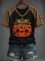Women's Halloween Pumpkin Printed V-neck T-shirt