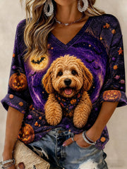 Women's Halloween Printed Mid-length Sleeves V-neck T-shirt