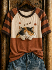 Women's cute cat pattern printed round neck short sleeve T-shirt