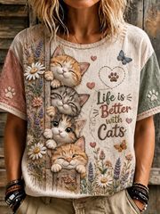 Women's Cute cat printed linen short-sleeved T-shirt