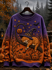 Women's Halloween Witch Cat Pumpkin Print Sweatshirt