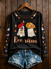 Women's Halloween in Puerto Rico BOORICUA Printed Round neck long sleeve T-shirt
