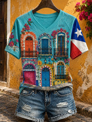 Women's Puerto Rico Floral Boricua Art Printed T-shirt