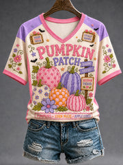 Women's Fall Halloween Pumpkin Bat Short Sleeve T-shirt