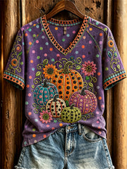 Women's Halloween Pumpkins Floral Polka Dots Art Print short-sleeved T-shirt