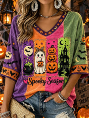 Women's Spooky Season Halloween Pattern Print Mid-length Sleeves V-Neck T-Shirt