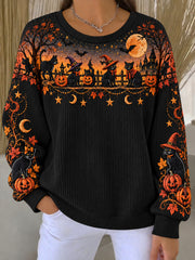 Women's Halloween Witch Cat Ribbed Round-Neck Sweatshirt