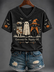 Women's Halloween Cute Cat Printed V-neck T-shirt