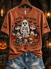 Women's Halloween Cat Pattern Design Casual Short-Sleeved T-shirt