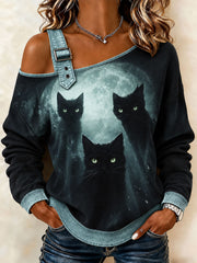 Women's Halloween Cat Art Off-Shoulder Sweatshirt