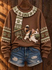 Women's "Mischievous Kitty" Calico Cat Art Print Casual Sweater