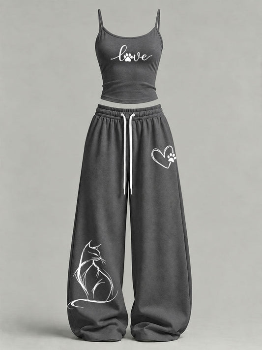 Women's Cute Cat Print Casual Set