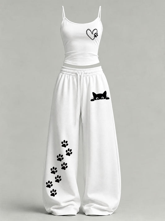Women's Cute Cat Print Casual Set