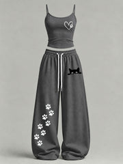Women's Cute Cat Print Casual Set