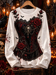 Women's Halloween Gothic Rose Skull Corset Print Long Sleeve T-shirt