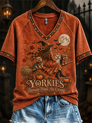 Women's Yorkies Because People Are Creepy Fall Witch & Dogs Print short-sleeved T-shirt